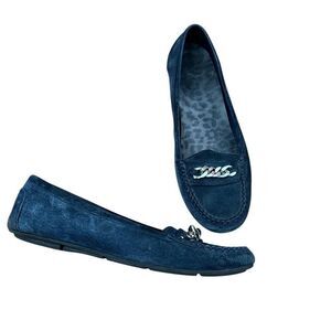 Vionic Mesa Navy Blue Suede Loafer Flats Shoes Silver Chain Size 9.5